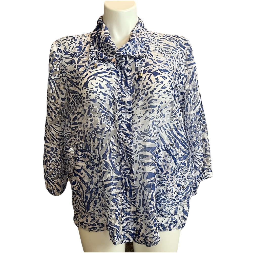 Chico's Mesh Animal‎ Print Jacket Semi Sheer Snap Front Pockets Blue Sz 3 (XL)